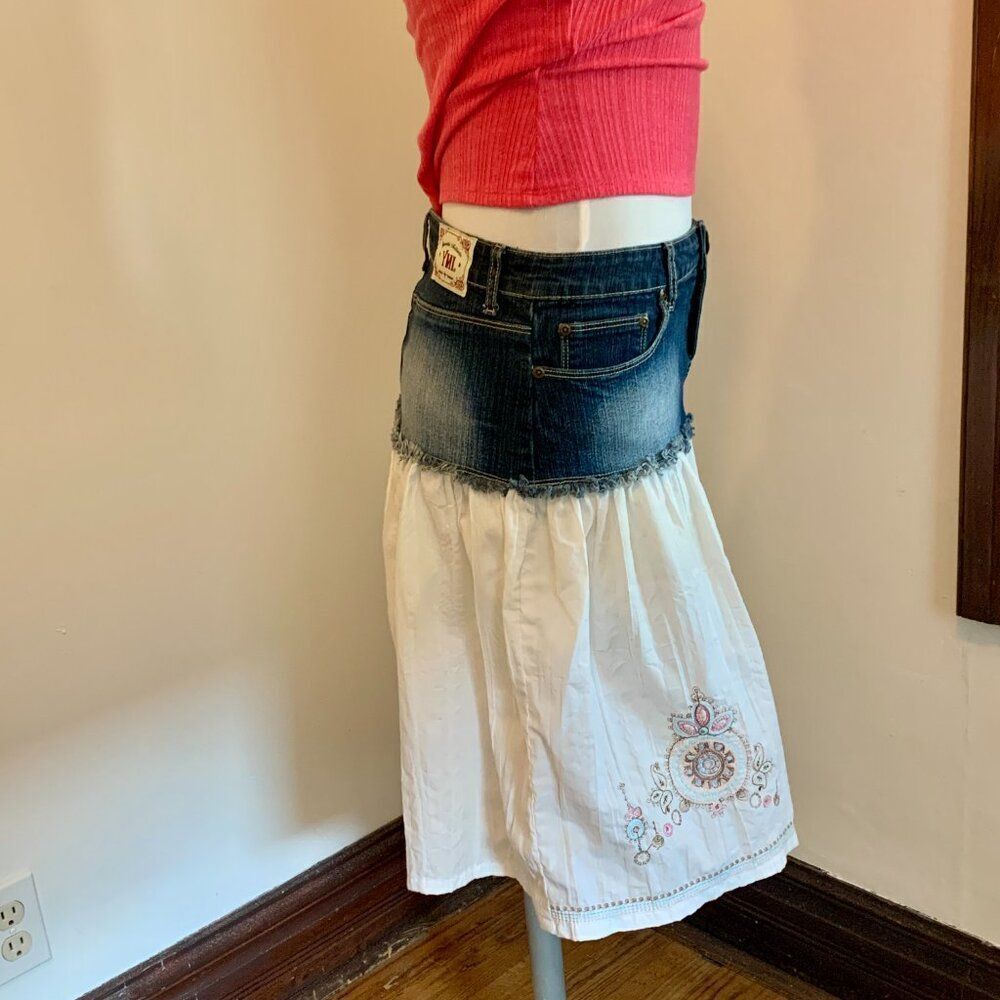 VTG YMI Lace Ruffle Denim Midi Skirt y2k 2000s 90s Western Mixed Peasant Cotton - Picture 15 of 16